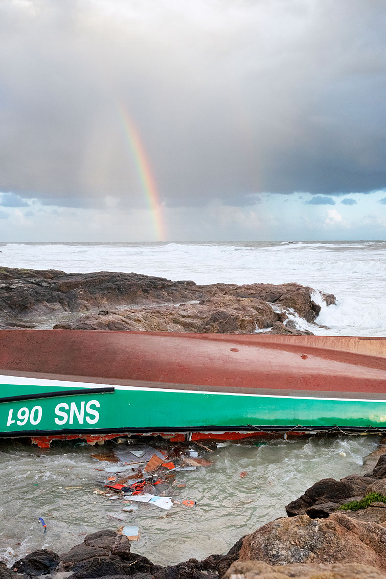 Les Sables d’Olonne, le 7 juin 2019. Naufrage du canot tout temps Patron Jack Morisseau de la SNSM à proximité immédiate de la plage de Tanchet lors de la tempête Miguel. 